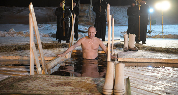 Председник Русије Владимир Путин током богојављенског купања у језеру Селигер